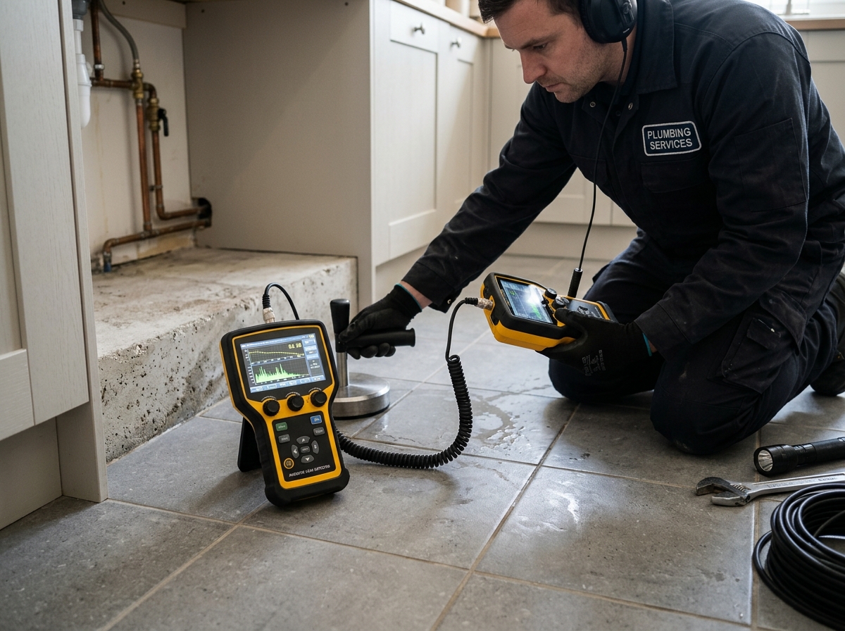 Acoustic electronic leak detection equipment mapping subterranean water pipes under residential foundation in Napa